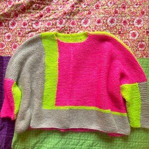 Plus Size Handknit Color Block Mohair Sweater